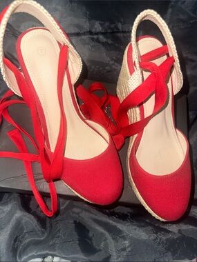 Red Lace-Up Espadrille Wedges
